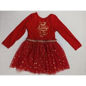 Cat & Jack Christmas Dress Girls 3T Red Gold Holiday Sparkle Tulle Skirt